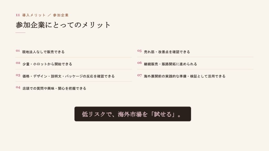 สนับสนุนแบบครบวงจร ตั้งแต่การเปิดรับบริษัทเข้าร่วม การทดสอบการขาย การรายงานผล ไปจนถึงการขายอย่างต่อเนื่อง